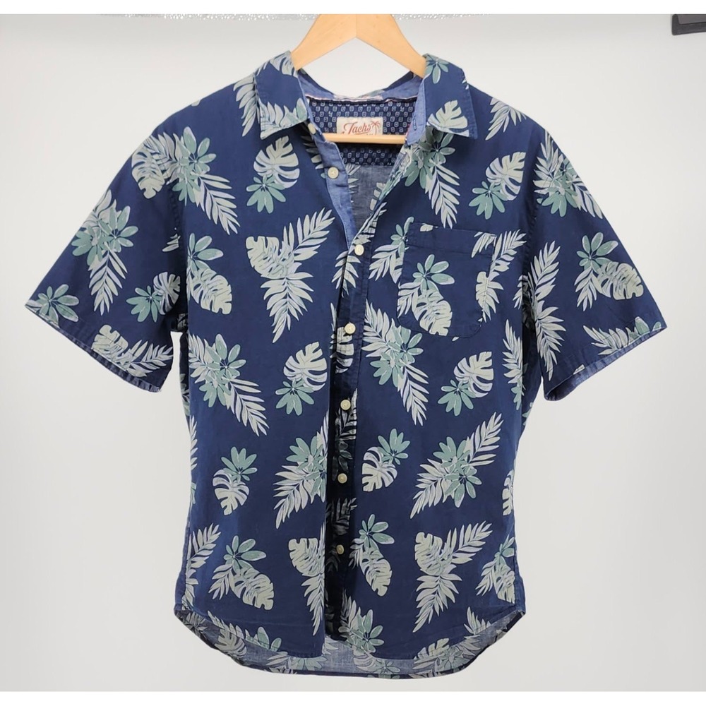 Jachs NY Mens Large Blue Tropical Palm Leaf Print Short Sleeve Button Down Shirt